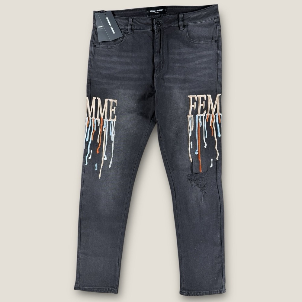 Homme Femme Distressed & Logo‎ Patch Jeans BRAND NEW Sz 36 Denim Black